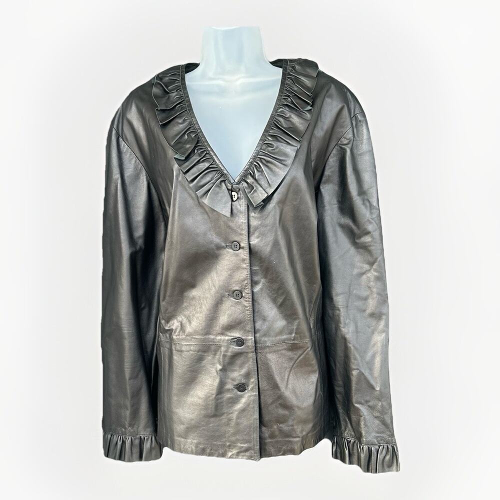 Vintage 90s Oscar De La Renta Leather Blouse Women’s Size 24W Ruffled Button Up